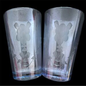 Set/ 2 VTG Small Etched Glass Blue Luster Glasses Cordials Lovely Anchor Hocking